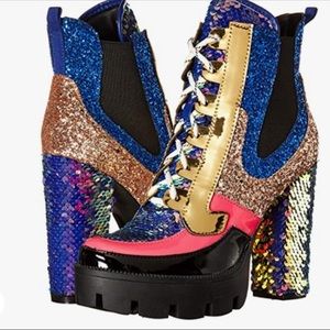 Festive Pink Blue Balck and Gold Glitter Platform Ankle Boots with Chunky Heel